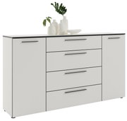 Modernes XL-Sideboard in Weiß mit vier Schubladen und zwei Türen, dekoriert mit Vasen und Pflanzen, Frontalansicht