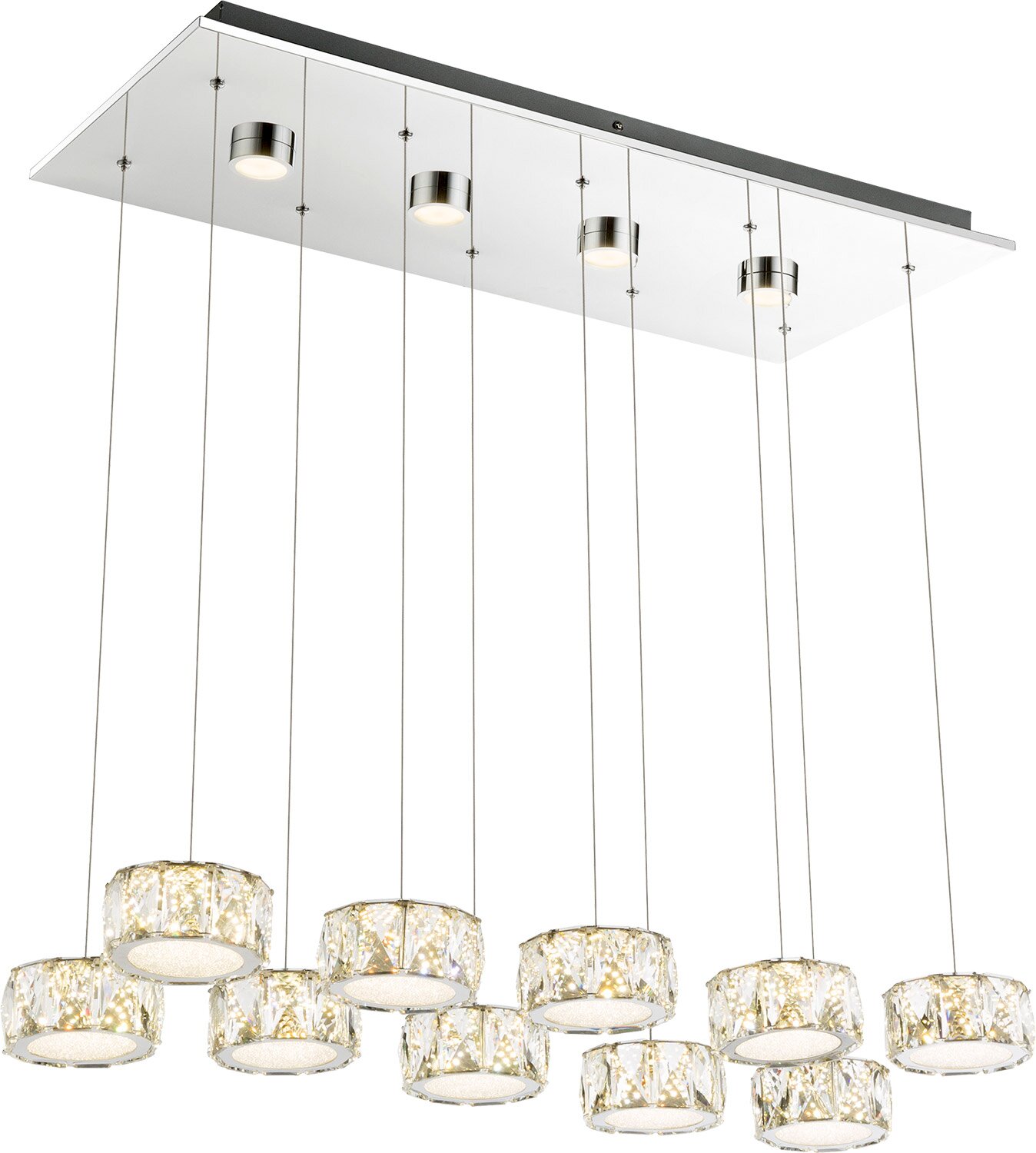 Moderne Hängeleuchte mit mehreren Kristalllampen, von unten betrachtet.