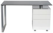 Moderner Schreibtisch mit Glasplatte und drei weißen Schubladen, seitliche Perspektive