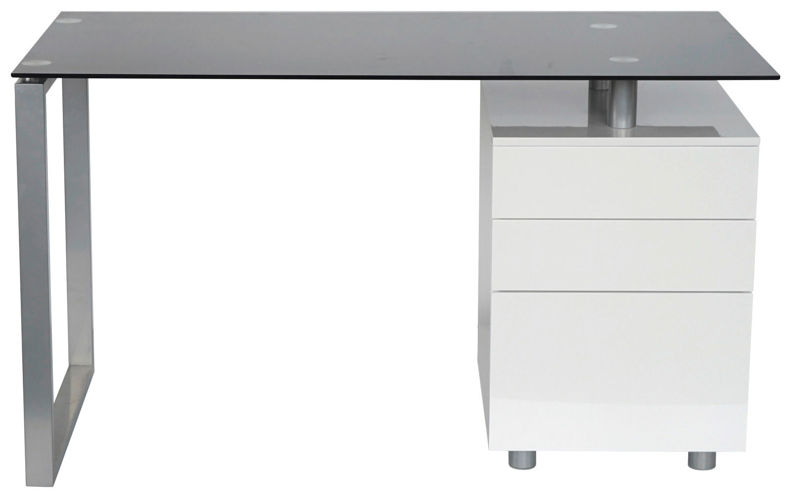 Moderner Schreibtisch mit Glasplatte und drei weißen Schubladen, seitliche Perspektive