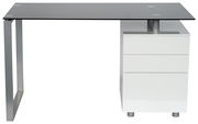 Moderner Schreibtisch mit Glasplatte und drei weißen Schubladen, seitliche Perspektive