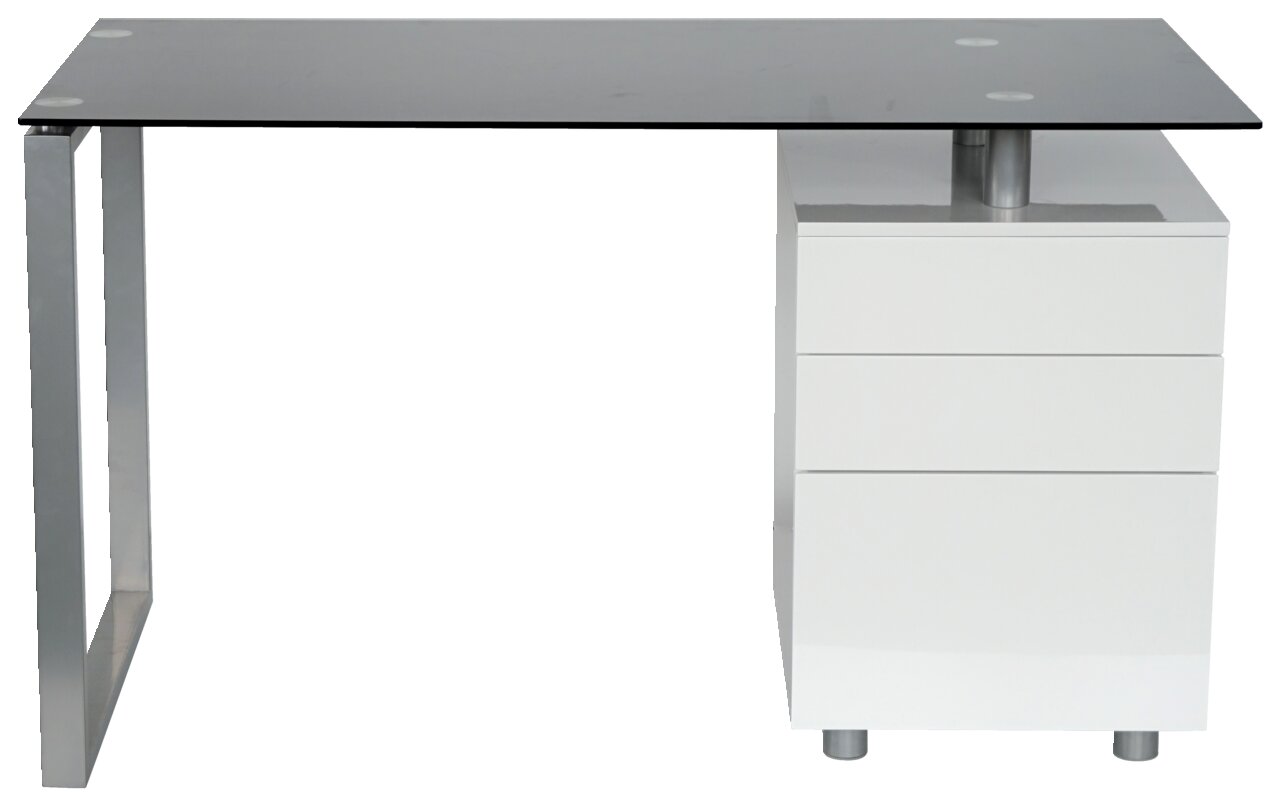 Moderner Schreibtisch mit Glasplatte und drei weißen Schubladen, seitliche Perspektive