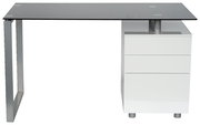 Moderner Schreibtisch mit Glasplatte und drei weißen Schubladen, seitliche Perspektive