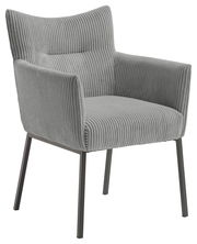 Grauer Sessel mit geripptem Stoffbezug und Metallbeinen, seitliche Perspektive