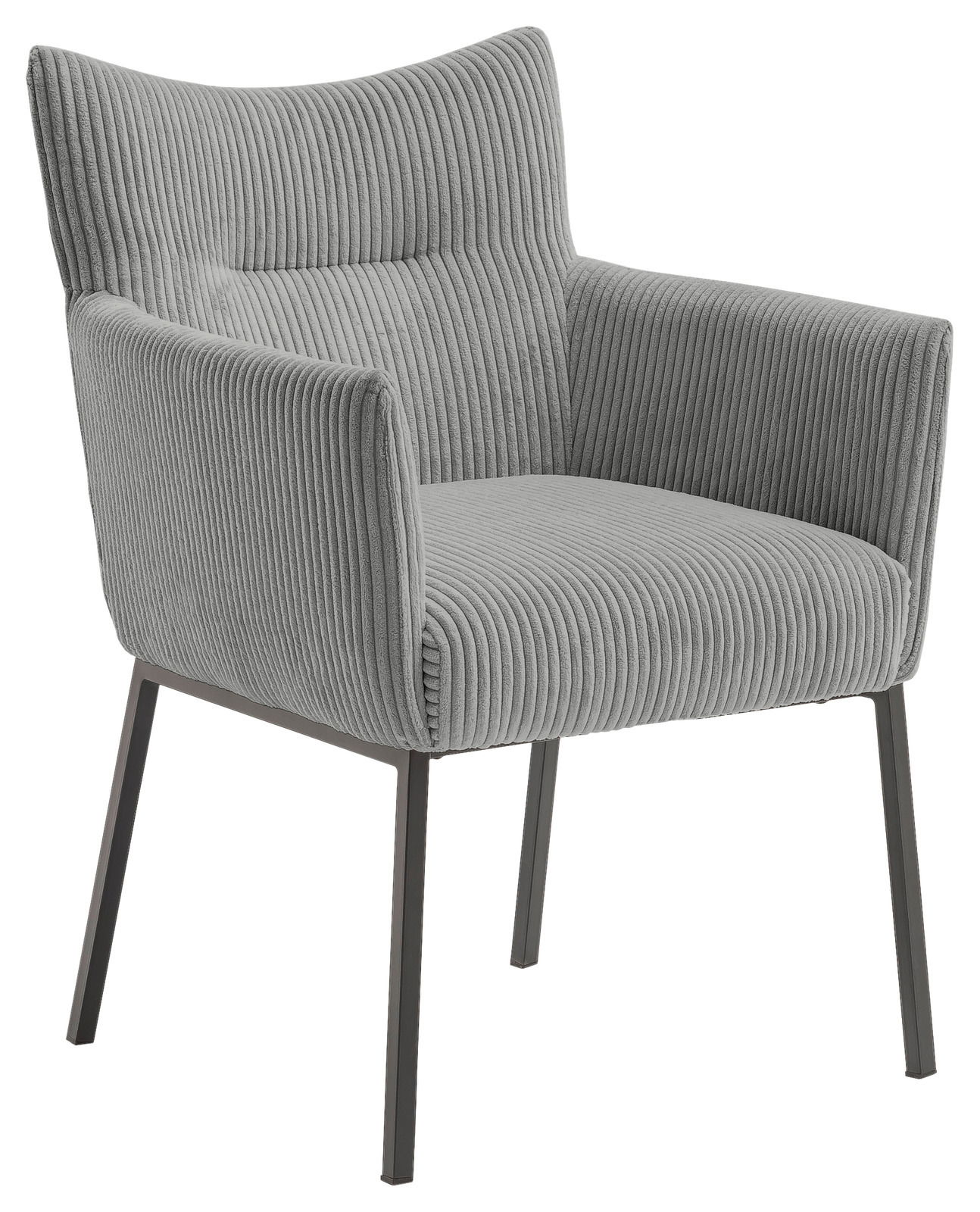 Grauer Sessel mit geripptem Stoffbezug und Metallbeinen, seitliche Perspektive
