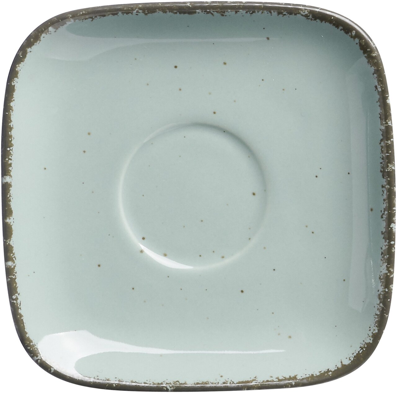 Vogelperspektive auf eine quadratische, blaue Espressountertasse mit rustikalem Rand.