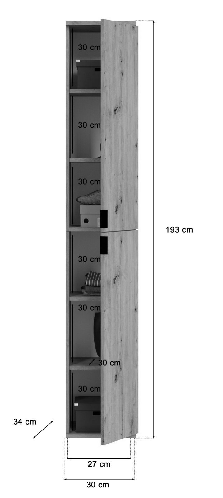 Schmaler, hoher Garderobenschrank mit Holztür, seitliche Perspektive, zeigt mehrere Fächer mit 30 cm Höhe.