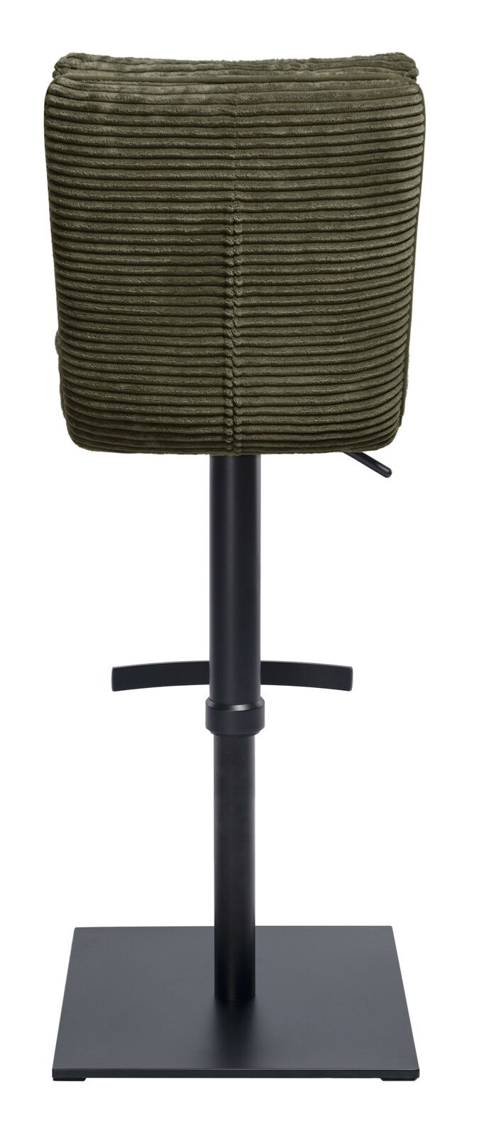 Rückansicht eines Barhockers mit grünem, geripptem Stoffbezug und schwarzem Metallgestell.