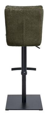 Rückansicht eines Barhockers mit grünem, geripptem Stoffbezug und schwarzem Metallgestell.