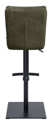 Rückansicht eines Barhockers mit grünem, geripptem Stoffbezug und schwarzem Metallgestell.