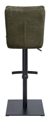 Rückansicht eines Barhockers mit grünem, geripptem Stoffbezug und schwarzem Metallgestell.