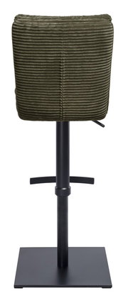 Rückansicht eines Barhockers mit grünem, geripptem Stoffbezug und schwarzem Metallgestell.