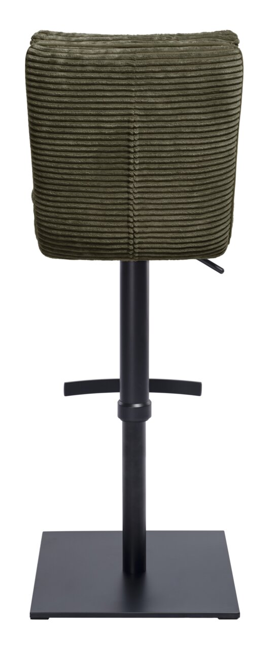 Achterkant van een barkruk met een groene, geribbelde stoffen bekleding en een zwart metalen frame.