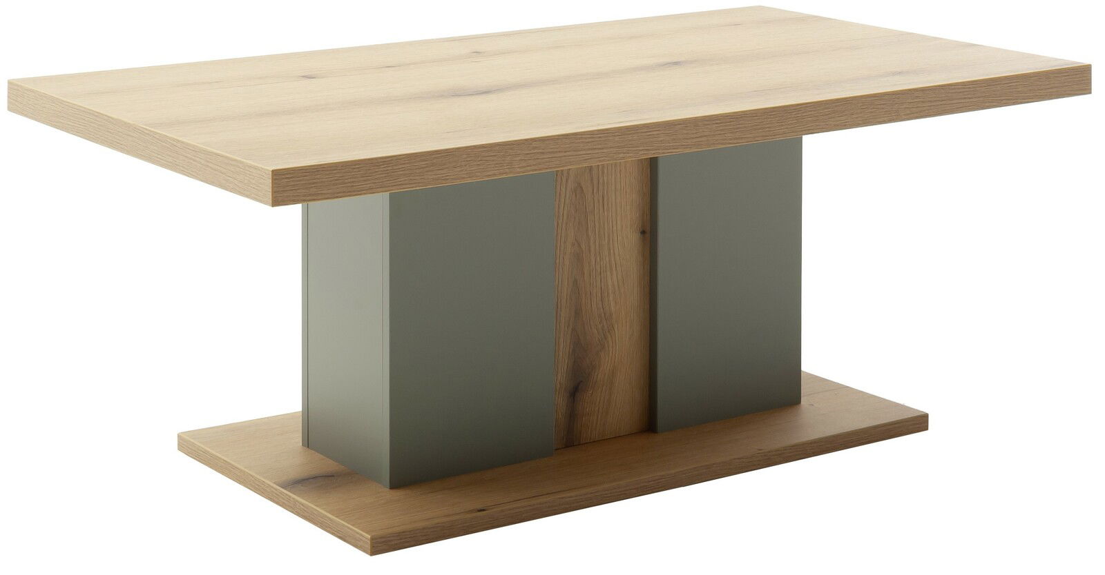 Moderner Couchtisch aus Holz mit rechteckiger Tischplatte und stabiler Basis, seitliche Perspektive