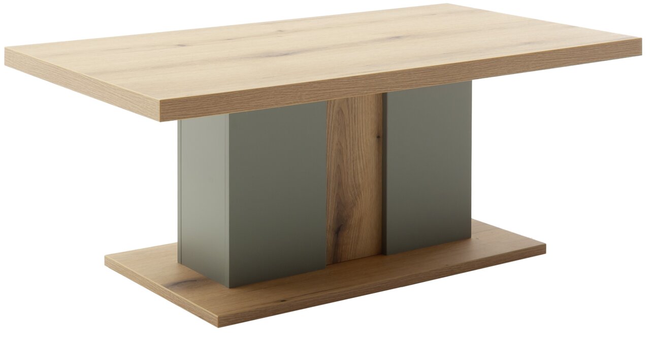 Moderner Couchtisch aus Holz mit rechteckiger Tischplatte und stabiler Basis, seitliche Perspektive