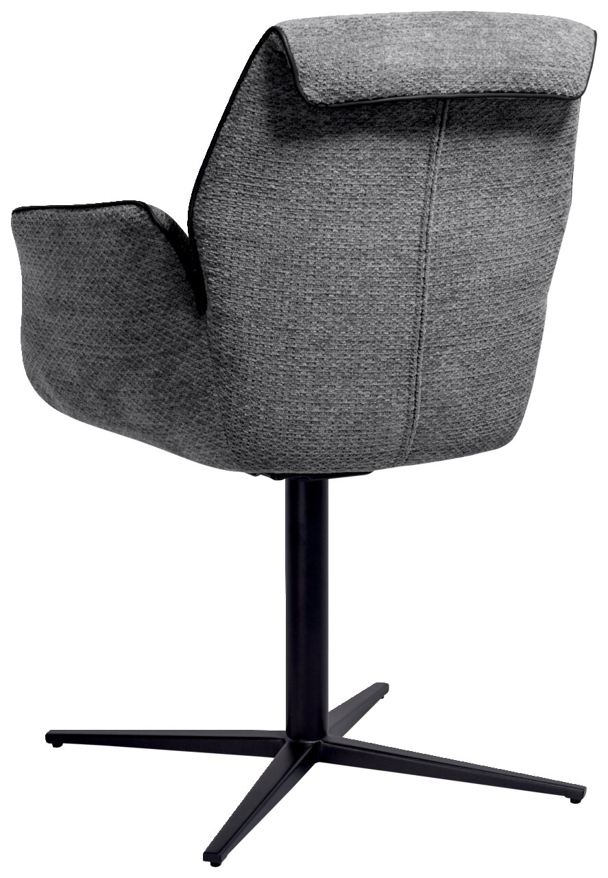 Rückansicht eines grauen Armlehnstuhls mit schwarzem Metallfuß und vier Beinen.