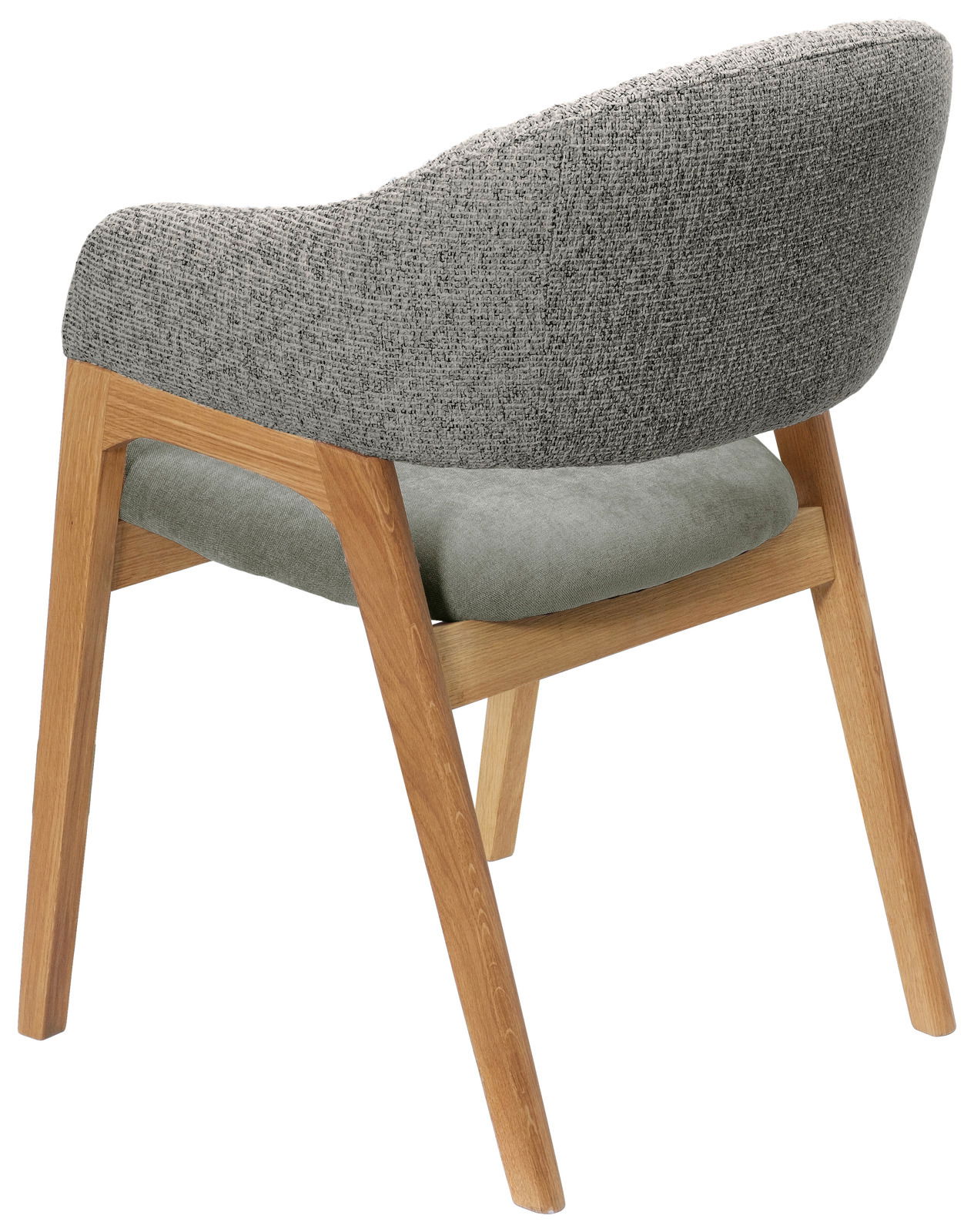 Rückansicht eines modernen Armlehnstuhls mit grauem Stoffbezug und Holzbeinen