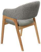 Rückansicht eines modernen Armlehnstuhls mit grauem Stoffbezug und Holzbeinen