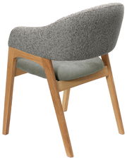 Rückansicht eines modernen Armlehnstuhls mit grauem Stoffbezug und Holzbeinen