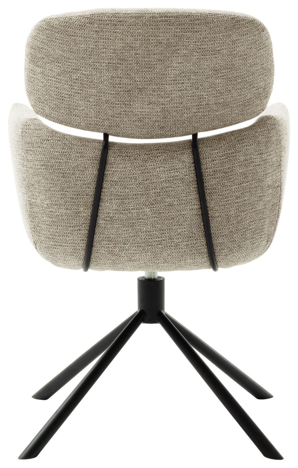 Rückansicht eines modernen Sessels mit schwarzem Metallgestell und beigem Stoffbezug