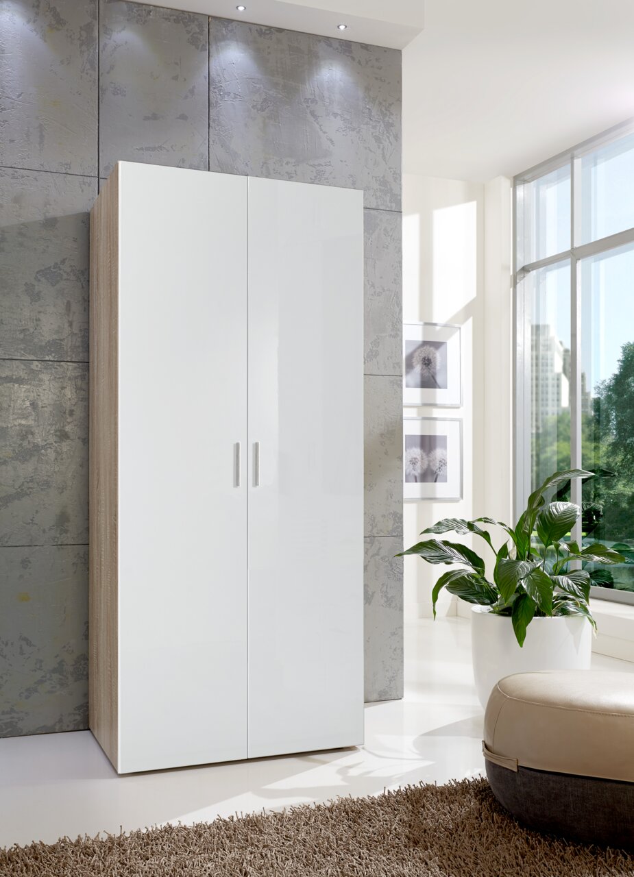 Moderner Mehrzweckschrank mit weißen Hochglanztüren, seitlicher Holzoptik und silbernen Griffen, in einem hellen Raum mit großen Fenstern, aus frontaler Perspektive.