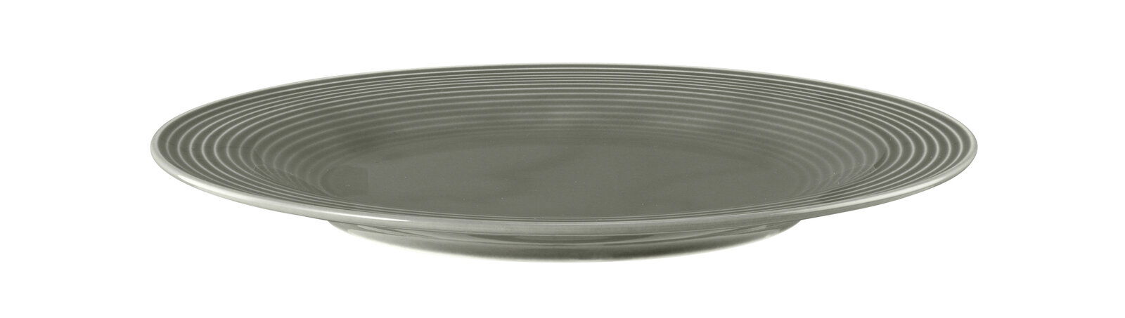 Frühstücksteller 23cm in Perlgrau, seitliche Perspektive, mit feinen Rillen.