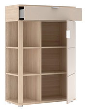 Moderner Schuhschrank aus Holz mit mehreren offenen Fächern und einer Schublade, seitliche Perspektive