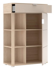 Moderner Schuhschrank aus Holz mit mehreren offenen Fächern und einer Schublade, seitliche Perspektive