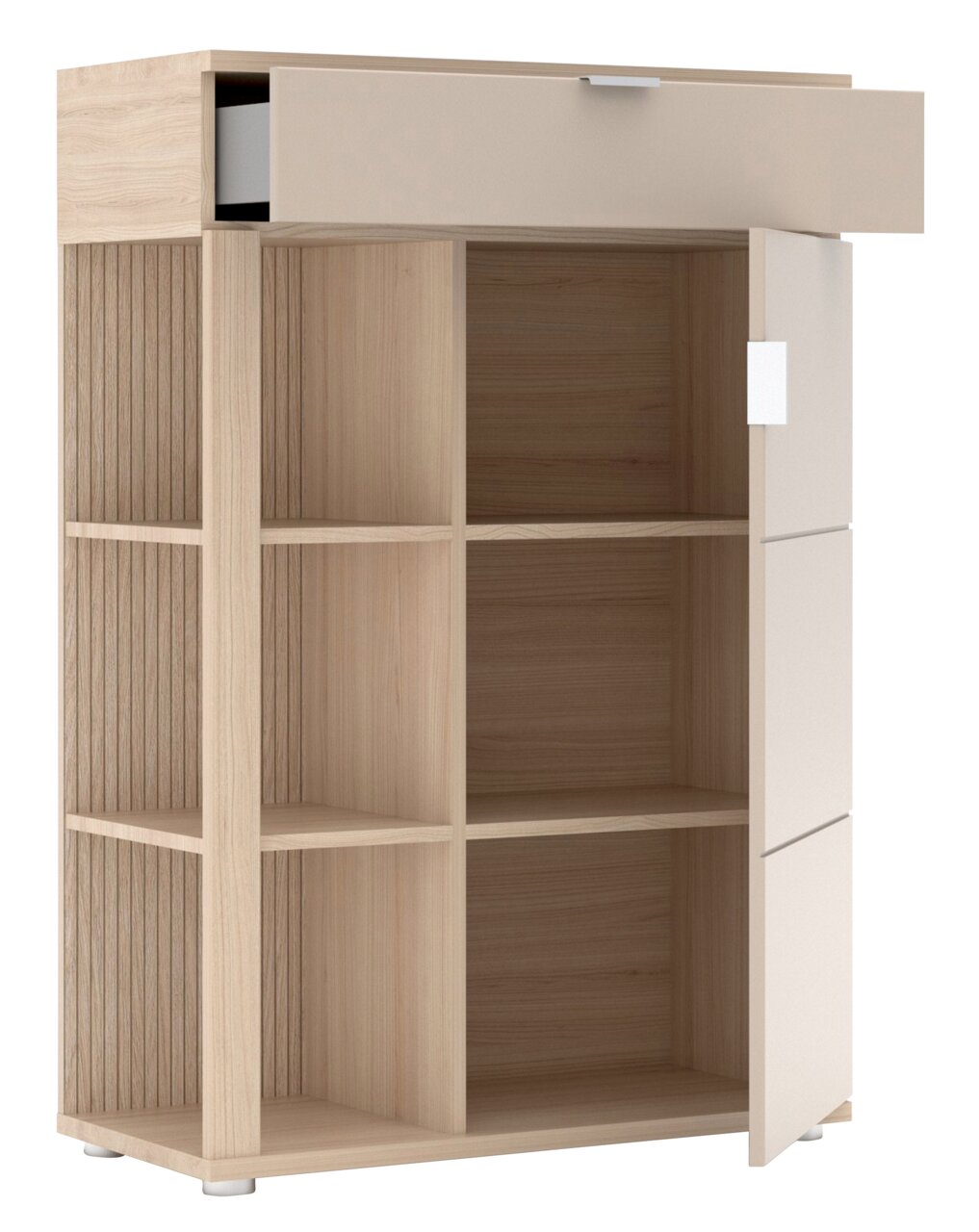 Moderne houten schoenenkast met meerdere open vakken en een lade, zijaanzicht