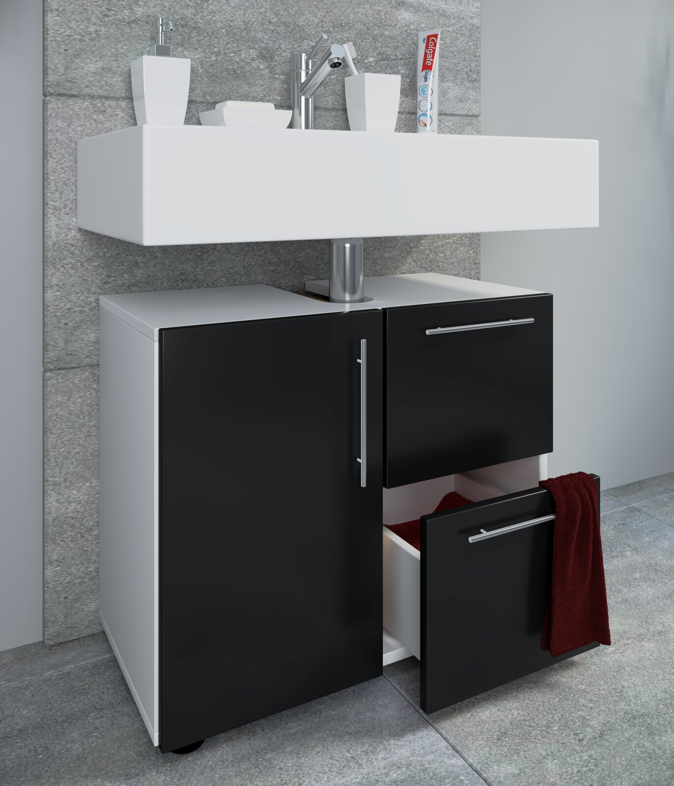 Modernes Badezimmer-Waschtischset mit weißem Aufsatzwaschbecken und schwarzem Unterschrank, eine Schublade geöffnet mit Handtuch; Perspektive: frontale leicht seitliche Ansicht.