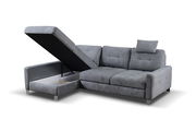 Graues Ecksofa mit Stauraum, geöffneter linker Teil, Perspektive von vorne links