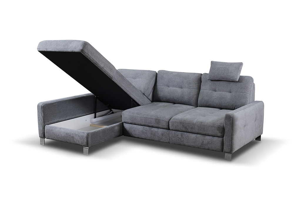 Graues Ecksofa mit Stauraum, geöffneter linker Teil, Perspektive von vorne links