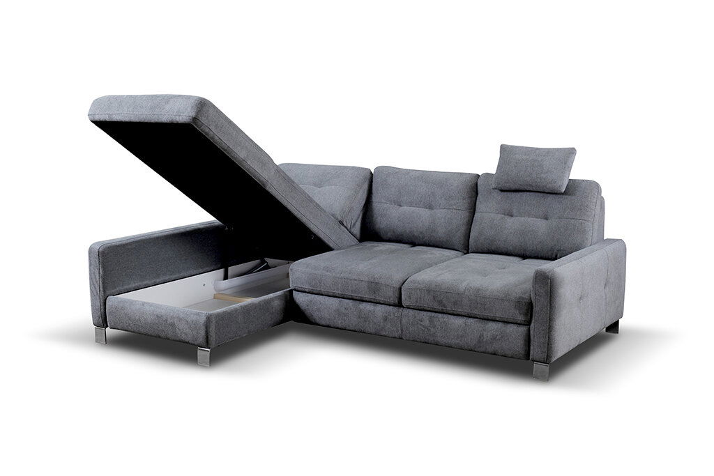 Graues Ecksofa mit Stauraum, geöffneter linker Teil, Perspektive von vorne links