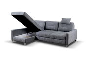 Graues Ecksofa mit Stauraum, geöffneter linker Teil, Perspektive von vorne links