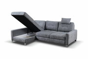Graues Ecksofa mit Stauraum, geöffneter linker Teil, Perspektive von vorne links