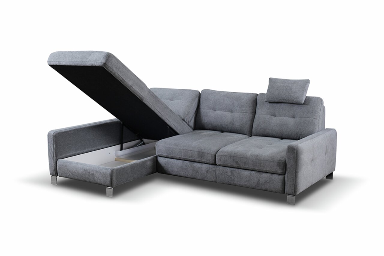 Graues Ecksofa mit Stauraum, geöffneter linker Teil, Perspektive von vorne links