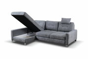 Graues Ecksofa mit Stauraum, geöffneter linker Teil, Perspektive von vorne links