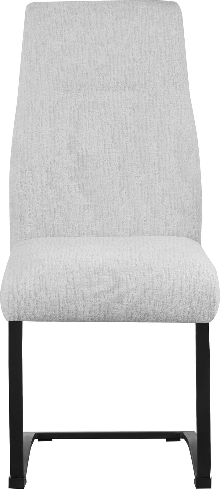 Beiger, gepolsterter Polsterstuhl mit hoher Rückenlehne und schwarzem Kufengestell, Frontansicht.