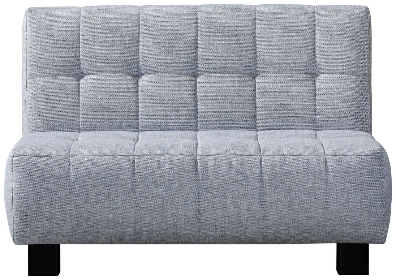 Graues Faltbett in Frontalansicht mit gepolstertem Design und schwarzen Beinen.
