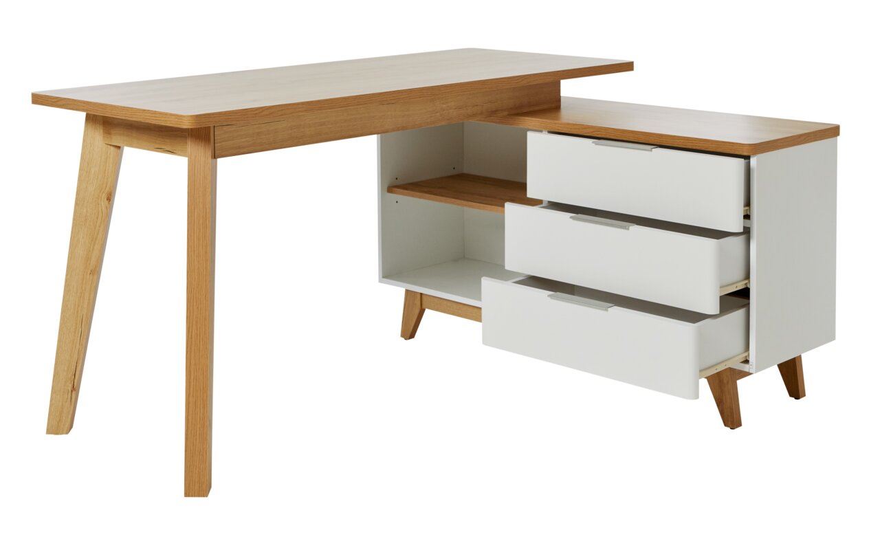 Eck-Schreibtisch aus Holz mit weißem Regal und Schubladen, seitliche Perspektive