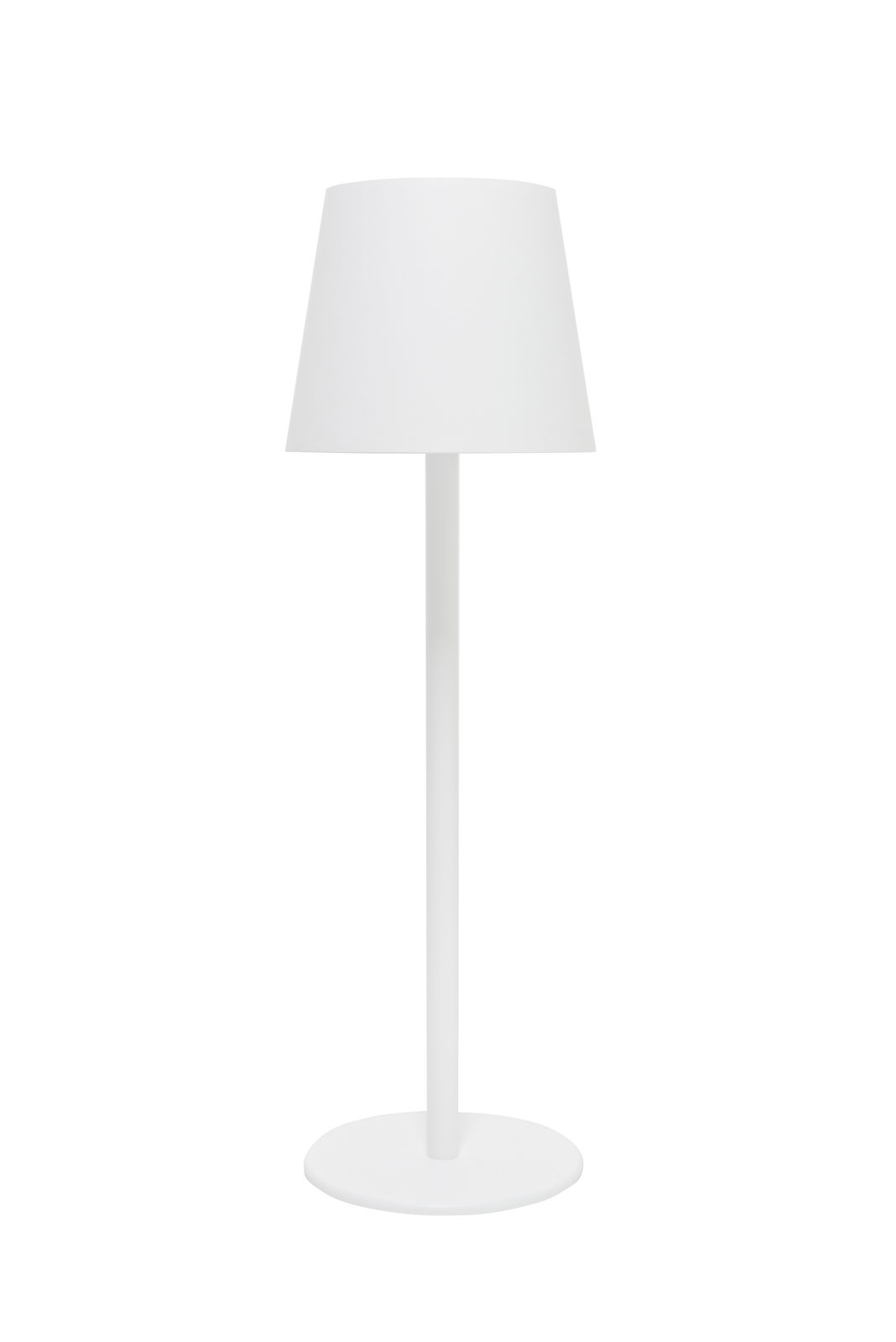 Weiße Akku-Tischleuchte in Frontalansicht mit schlichtem Design und rundem Sockel.