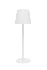 Weiße Akku-Tischleuchte in Frontalansicht mit schlichtem Design und rundem Sockel.