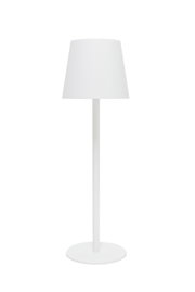 Witte accu-tafellamp in vooraanzicht, met een strak ontwerp en een ronde voet.