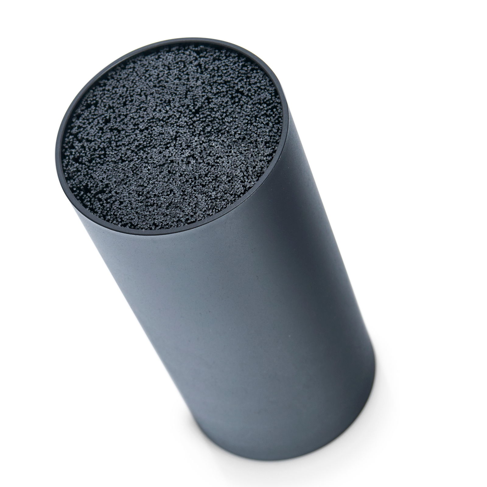 Zeller Present Messerblock-Set 6-tlg. Zylindrischer Messerblock in Schwarz, von oben fotografiert, mit flexibler Borsteneinlage zur sicheren Aufbewahrung von Messern.