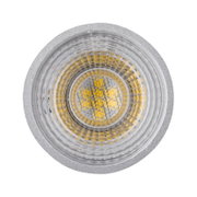 LED Leuchtmittel von oben betrachtet, mit sichtbarer Struktur und gelben Elementen im Inneren.