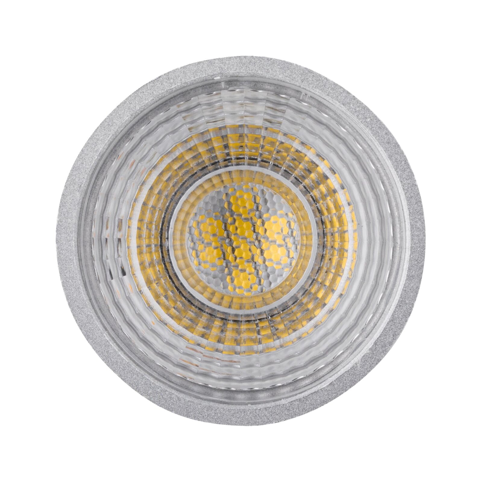 LED-lamp van bovenaf gezien, met zichtbare structuur en gele elementen aan de binnenkant.