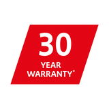 Rotes Schild mit der Aufschrift '30 Year Warranty', perspektivisch von vorne betrachtet.