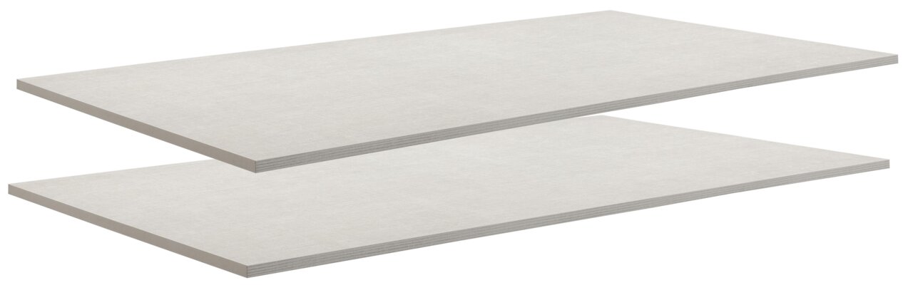 Zwei weiße Einlegeböden in seitlicher Perspektive übereinander gestapelt.