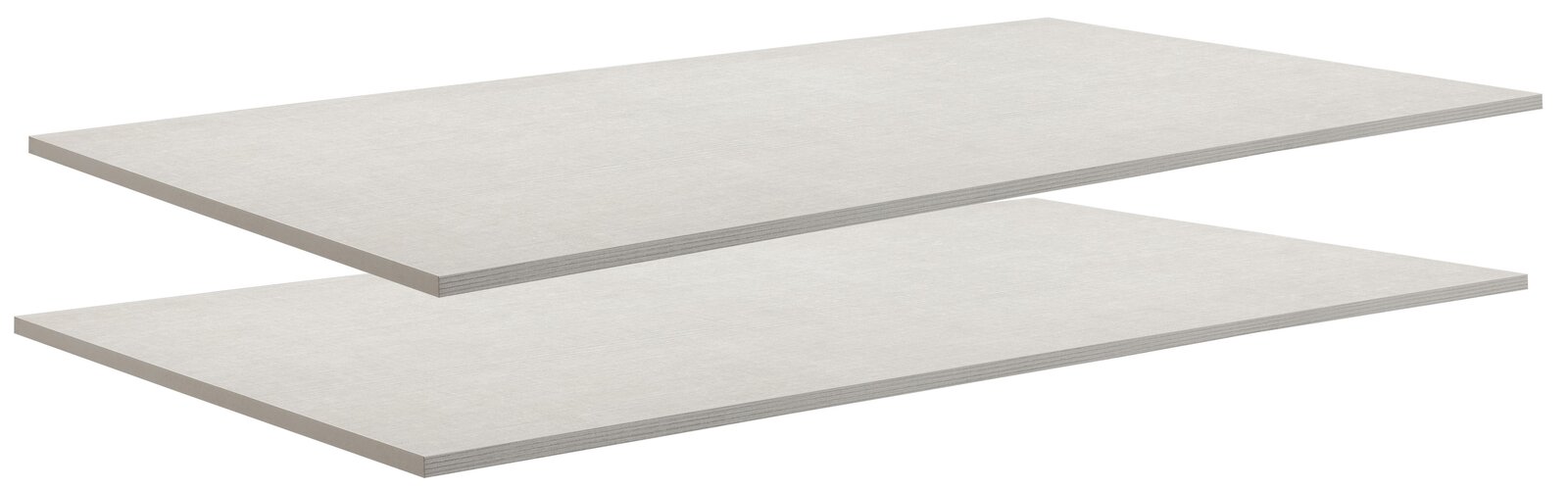 Zwei weiße Einlegeböden in seitlicher Perspektive übereinander gestapelt.