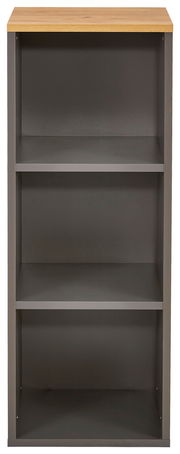 Frontale Ansicht eines schmalen Aktenregals mit drei offenen Fächern und einer Holzoberfläche.